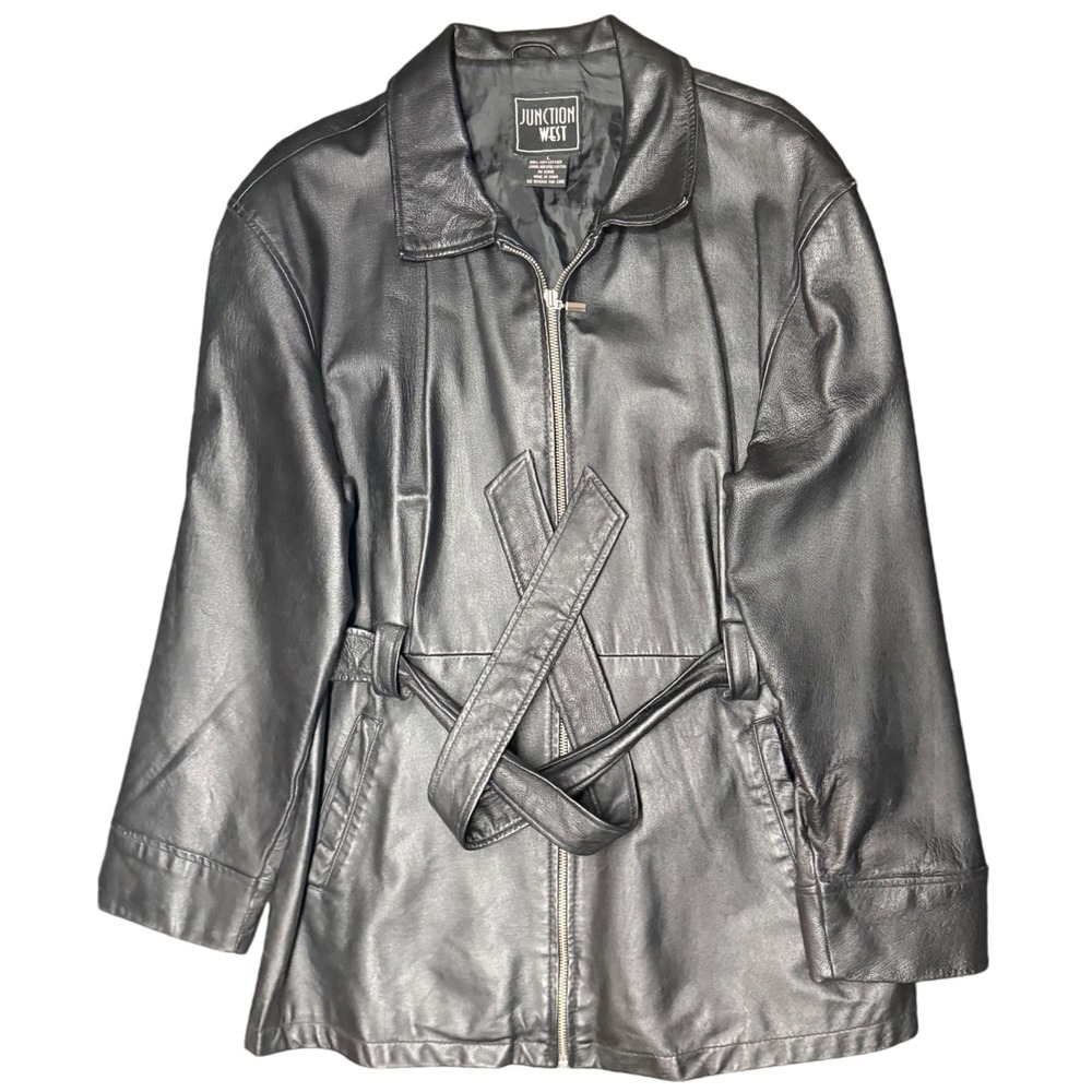 Junction West black leather jacket womens L zip front belted pockets classic‎